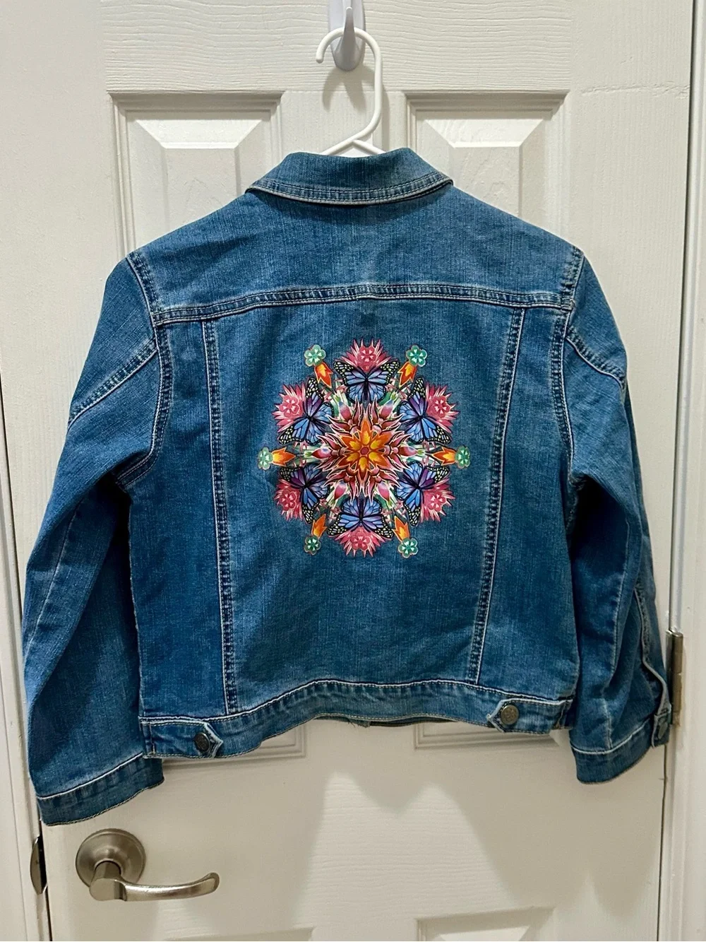 Disney Encanto blue denim snap-up jacket butterfly floral mandala design L 10/12